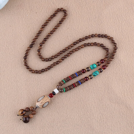 DING FEI ethnic style Rudraksha Bodhi sandalwood pendant long necklace women's Buddhist bead sweater chain men's cotton and linen Tibetan ornaments peace and blessing A29-108