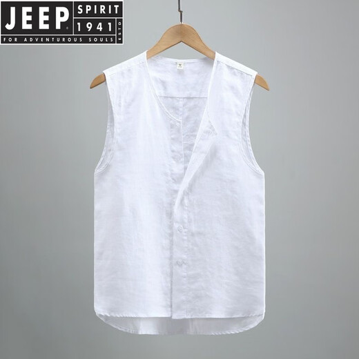 JEEP SPIRIT夏季纯色亚麻马甲背心男士青年休闲无袖复古水洗麻料透气常规纽扣 黑色 XL 建议130-145斤