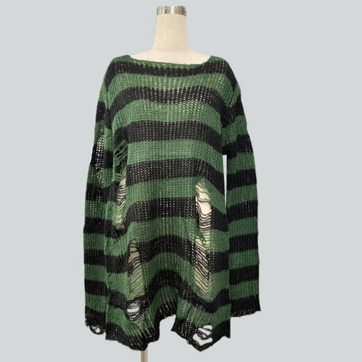 Yuan Lexen mid-length punk dark versatile European and American ripped autumn and summer sweater for women couple striped loose niche sweater new dark gray one size