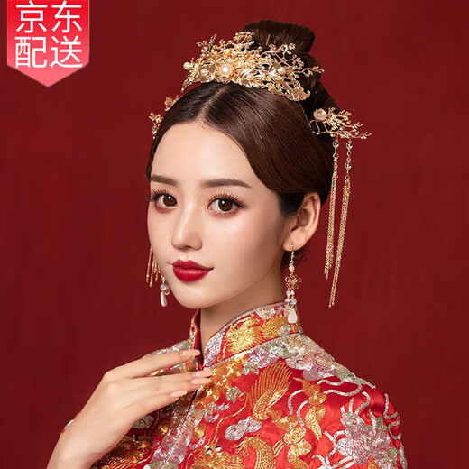 Crystal bride Xiuhe headdress golden phoenix crown Chinese wedding costume tassel hair accessories Xiuhe clothing accessories atmospheric jewelry F656 phoenix crown full set ear hook style