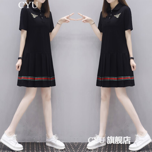 CYU European and American summer new slim little black dress polo collar short-sleeved casual splicing pleated short-sleeved dress women's black S