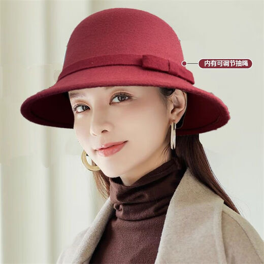 Pisces Rabbit Felt Hat Women's Autumn and Winter Big Face Slim Versatile Fashion Woolen Hat Korean Style Felt Hat Retro British (Big Bow) Wine Red Adjustable Head Size 57CM