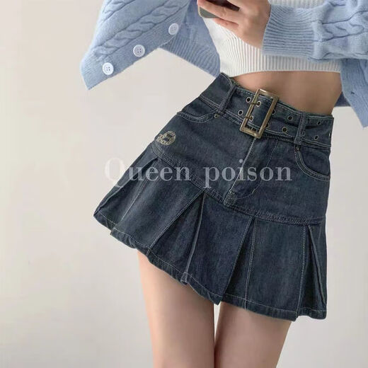 依慕琪复古美式辣妹破洞包臀裙女春夏新款高腰A字半身百褶短裙16851 复古蓝无内衬哦 S  80-95斤