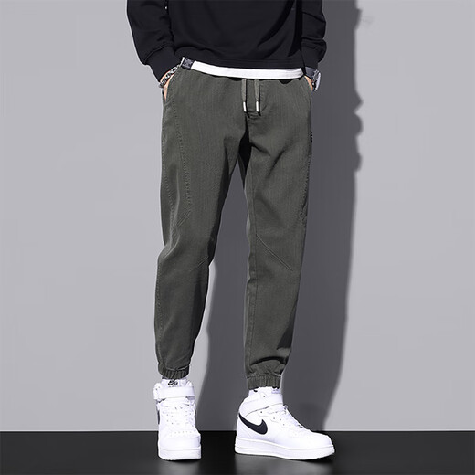 啄木鸟休闲裤男宽松束脚秋季新款哈伦潮流工装百搭运动长裤子男 9859军绿色 M