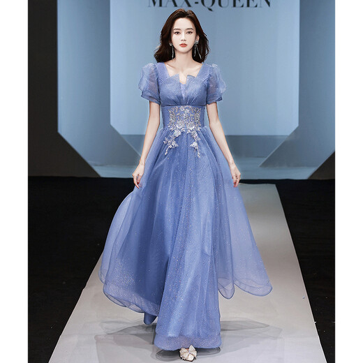 Seidler Evening Dress Women's Annual Meeting Light Luxury Niche High-end Art Exam Hosting Solo Performance Piano Performance Blue Skirt Blue Zipper Style S