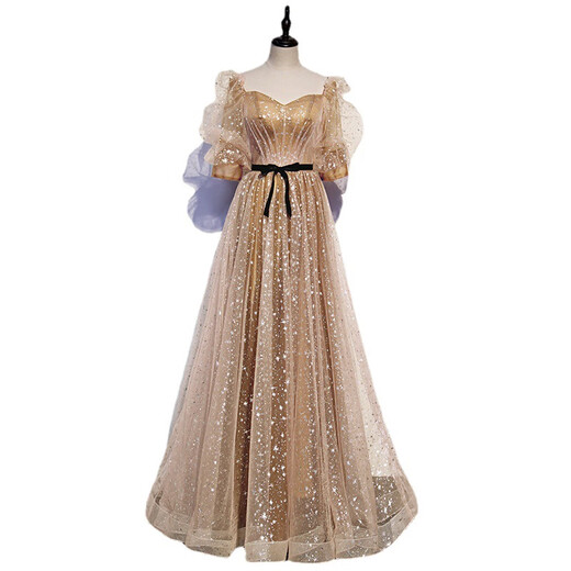 Imperial Princess Banquet Evening Dress for Women 2023 New Spring Elegant Temperament Host Annual Meeting Golden Long Slim Evening Dress Champagne Gold XS