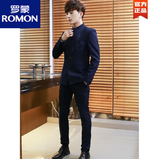 罗蒙（ROMON）男士中国风西服套装青年中山装夹克外套修身西装男士搭配帅气一套 单件黑色 XL122-132斤左右
