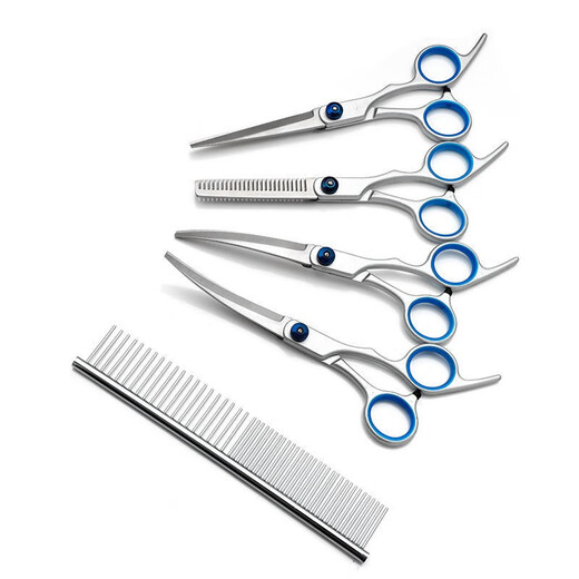 Hanyao Yixiao pet scissors, grooming tools, professional hair trimming and shearing for dogs, Teddy hair shearing tool, cat and dog supplies scissors, full set of four + comb + bag