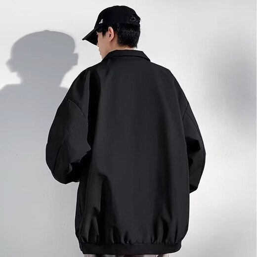 Tang Hao Spring and Autumn Jacket Men's American Fashion Lapel Casual Jacket Loose Versatile Handsome Design Winter Top Black XL