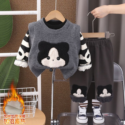 Disney Children's's Clothing Boys's's Garçons Automne et hiver Vêtements d'hiver pour enfants Des vêtements de bébé d'un an plus en velours épaissis de style collégial à trois pièces Boy Beige Rabbit Head Sweater trois pièces 100 tailles 2 à 3 ans [90-100cm]