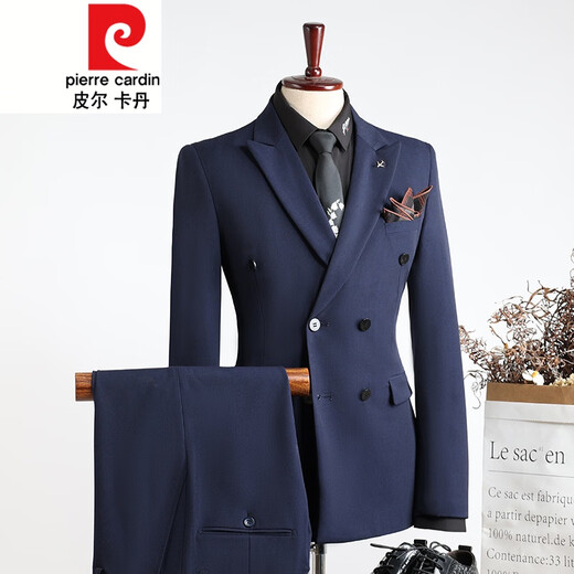 Pierre Cardin suit men's British style double-breasted business casual suit three-piece groom's wedding dress navy blue (suit + pants) 2XL (190)