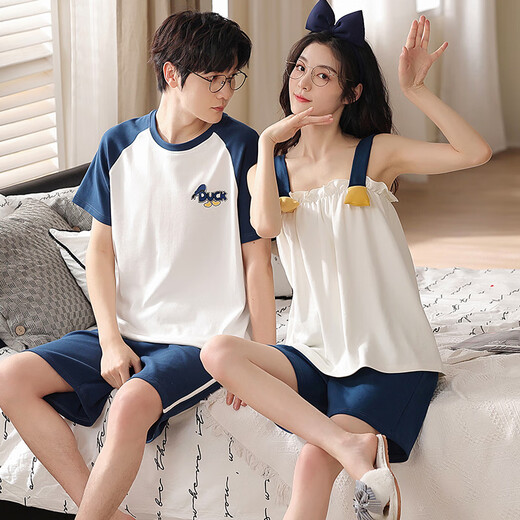 
Light and quiet pure cotton couple pajamas for women in summer suspender shorts suit casual simple men short sleeves can be worn outside home clothes summer QH9906 L women