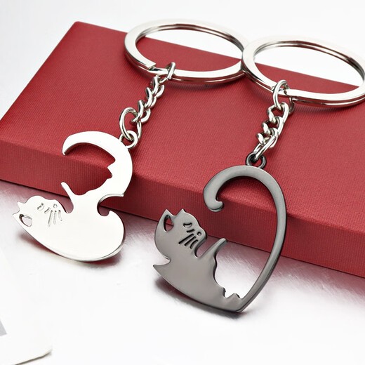 Lecari cat couple keychain A pair of pendants men and women key chain circle lovers day gift girlfriends Black silver cat couple key gifted box