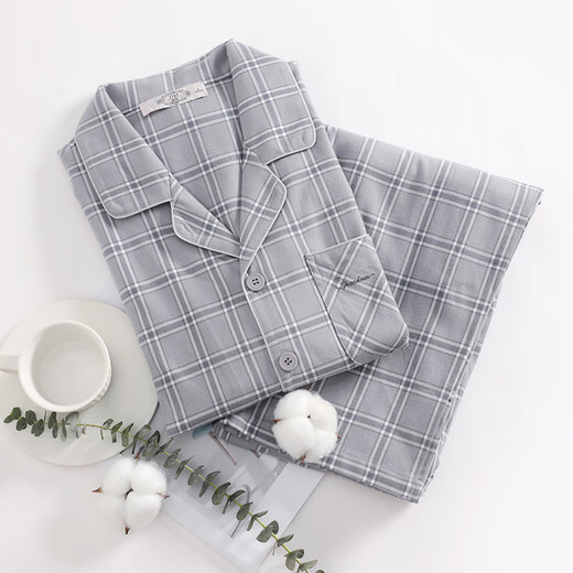 American Standard Gifts New Long Sleeve Couples Pure Cotton Pajamas Set Women's Spring and Autumn Plaid Cotton Can Be Weared Outside Home Clothes Men Temperament Gray 3XL