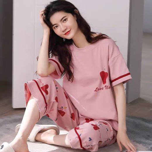 浪莎睡衣女夏季短袖套装宽松春夏天可外穿家居服520情人节礼物 短袖七分裤679 M 建议80-98斤穿