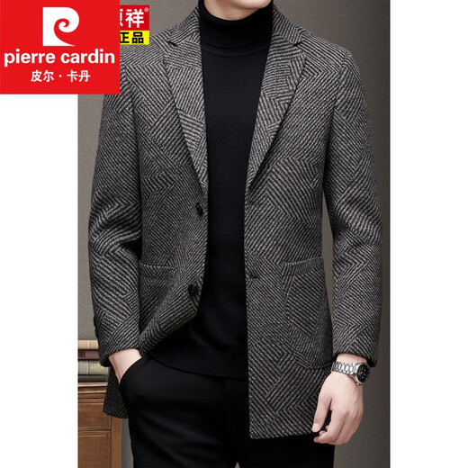 皮尔卡丹2022冬季新款羊毛大衣男外套西装领中年条纹中长款毛呢大衣针织 咖色 L 175
