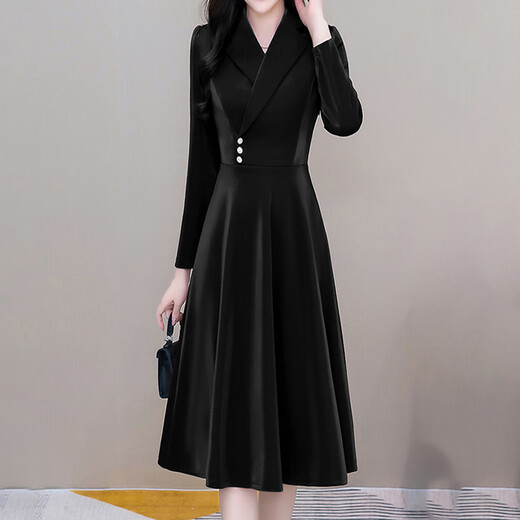 Mapping Hong Kong high-end fashion high-end dress women's spring and autumn new style 2025 temperament suit collar solid color mid-length skirt black supports returns and exchanges 3XL