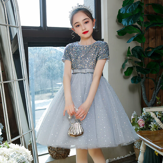 Disney Kinderkleid Prinzessin Kleid Sommer Mädchen Klavier Performance Kleidung Blume Kinder Hochzeitskleid Graduate Host Puffy Blick Rock LF9922 [Weiß] Kollektion mit Krone 110 cm