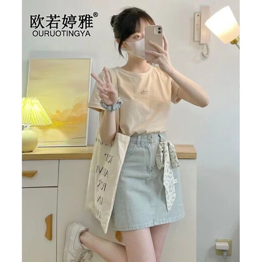 欧若婷雅新款连衣裙女装2025夏季韩版时尚套装女显瘦高腰牛仔裙子女两件装 套装 L