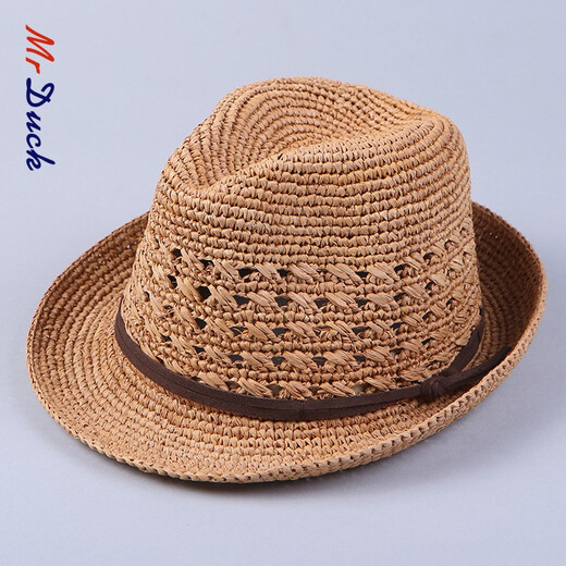 Mr DUCK进口手工编织拉菲草帽男女 可折叠爵士礼帽 防晒遮阳镂空透气草帽 MS17008-棕色 L码（适合60CM及以上头围）