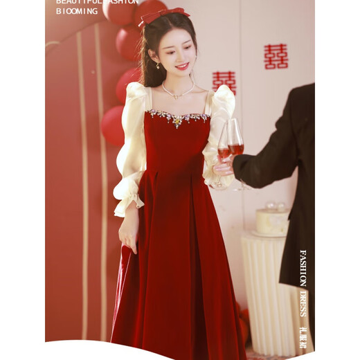 
Yuanleshen toast suit 2024 Bride burgundy summer can wear yarn sleeve engagement dress for wedding banquet dress red 675 short sleeve M