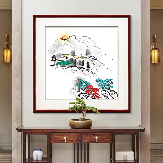 Zi Teng Suixuan modern new Chinese ink landscape painting restaurant dining room hanging painting living room decorative painting entrance bedroom Chinese style mural Picture 1 50*50cm mahogany color solid wood frame