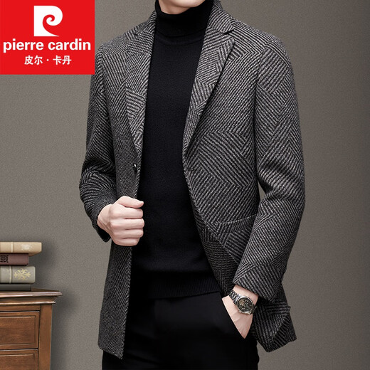 皮尔卡丹2022冬季新款羊毛大衣男外套西装领中年条纹中长款毛呢大衣针织 咖色 L 175