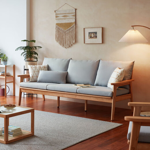 Lin's Home Nordic style solid wood fabric sofa new Chinese style living room simple three-seat straight small apartment sofa PK4K