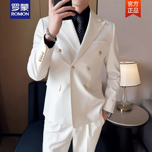 ROMON Blazer British double-breasted business suit men's Korean version slim solid color casual metal buckle suit white suit + trousers + black shirt navy collar M