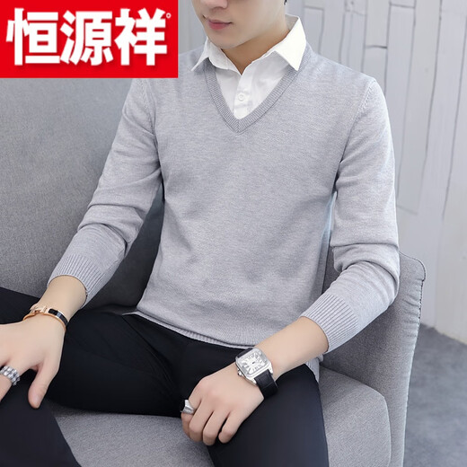 Hengyuanxiang (HYX) fake two-piece white-collar sweater for men, plus velvet and thickening, autumn and winter new shirt collar sweater, Korean style trendy bottoming shirt, high-end brand special price, code 8831, plus velvet style, light gray, high-end brand special price, code M