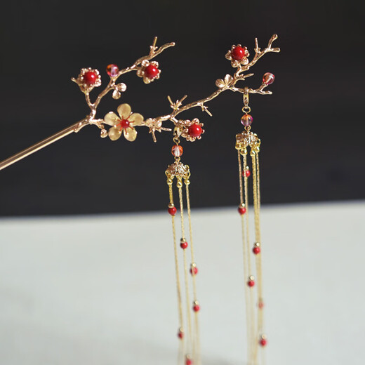 Meng Junchen's handmade ancient style classical hairpin plum blossom tassel Hanfu headdress for girlfriend's birthday and Valentine's Day gift Ruiji plum blossom double tassel inlaid with beads