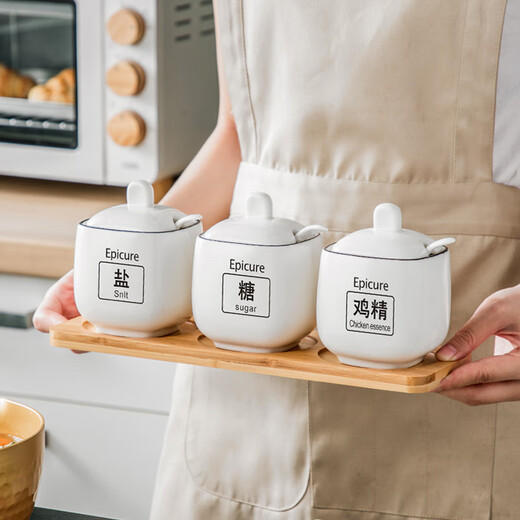 Duo Meiran household white ceramic seasoning jar seasoning combination set seasoning box kitchen seasoning jar salt shaker seasoning bottle jar 2 black line white jars - with wooden board