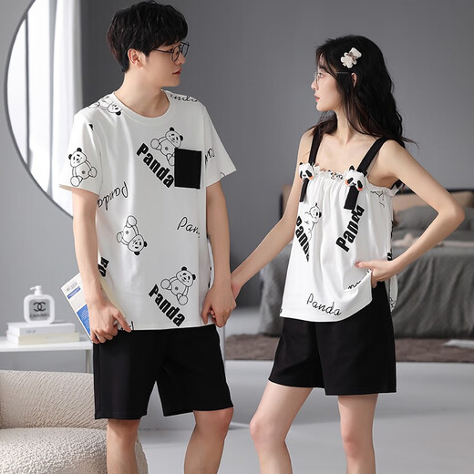 Daizixin 2 ensembles de pyjamas de couple pour les bretelles d'été pour femmes, ensemble en deux pièces de coton pur à manches courtes à manches minces d'été pour hommes DD9904 Femmes M + hommes XL
