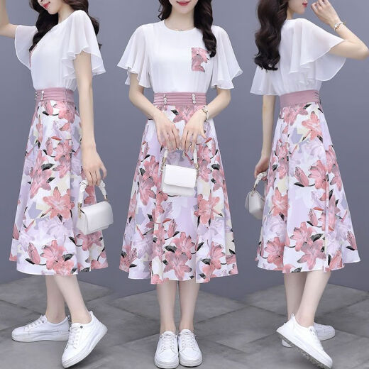 
YOEKBIRD French sweet chiffon dress for women in summer 2025 new temperament waist-hugging floral skirt two-piece set 9767# pink original spot set S