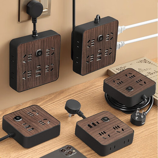 Gongya wood grain retractable cord socket USB plug-in strip porous Type-C charging plug-in board with cable college dormitory plug-in board home office cable reel drag strip 853 (5 sockets without USB) short-line model