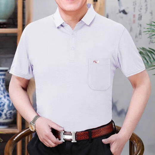 贝吉棋新疆棉夏季短袖t恤棉的男士宽松中老年人翻领带口袋爸爸装大红色 反(领)701藏青色 56#【165-200斤】