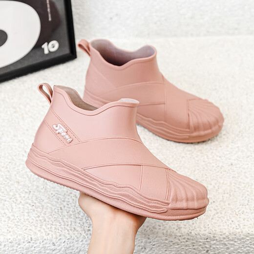 Bainike Regenstiefel für Frauen mit nicht rutschfesten modischen wasserdichten Schuhen für Frauen mit kurzen Röhrenregenstiefeln tragen resistente und warme Küchengummischuhe für Frauen mit niedrigem Beige 38