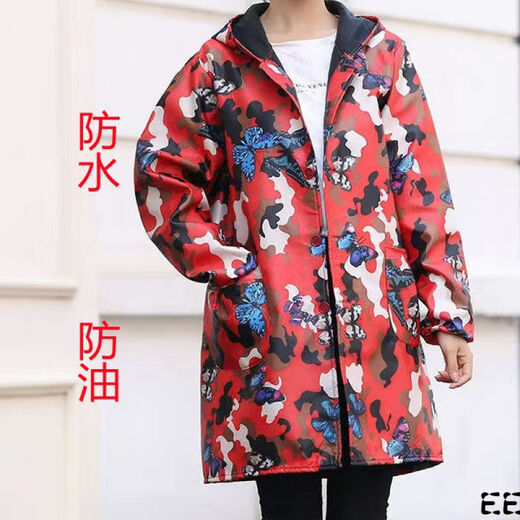 Guiren Xiong velvet thickened smock, warm coat, men's and women's work clothes, waterproof and oil-proof camouflage long coat, kitchen long-sleeved labor insurance suit, blue floral (with hood), medium size (120-170)