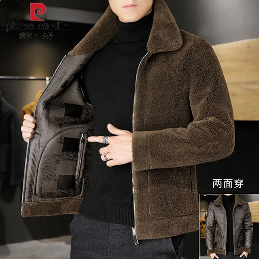 Pierre Cardin brand high-end men's clothing fur one-piece jacket men's loose woolen coat plus velvet thickening winter leather reversible wool velvet coat knitted brown warm and reversible 3XL