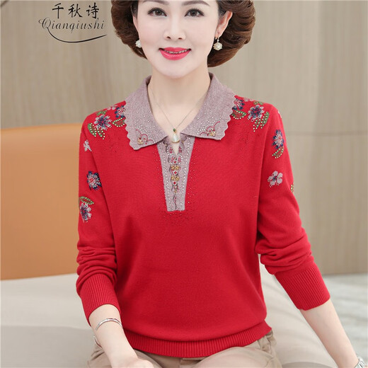 Qianqiu Poésie, d'âge moyen et de personnes âgées Nouveau automne et de chair de laine de revers d'hiver Plus Fat Plus taille de pull de base de la mère, Big Red XD829 L recommandé 100-110jin [Jin est égal à 0,5 kg]