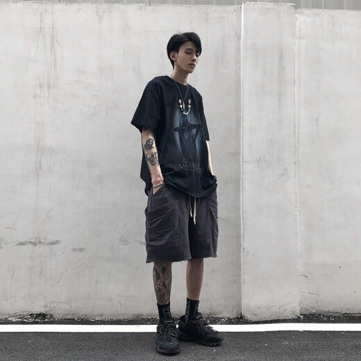 
POUM short-sleeved T-shirt men's summer thin dark European and American high street trendy top printed hip-hop half-sleeved base T-shirt men CWLFS-CL1047 black 2XL