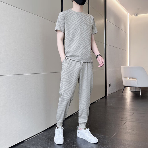 NASADKGM夏季冰丝短袖T恤运动套装男潮牌男装套装潮流休闲男夏天衣服夏装 719卡其(短袖+长裤) M (90-115斤)