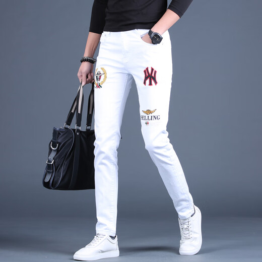 Ke jiehao 2025 Spring y verano Slim White White bordado Jeans de alta gama Los delgados pantalones de pies pequeños elásticos de moda y versátil tendencia casual 1315 Blanco 31