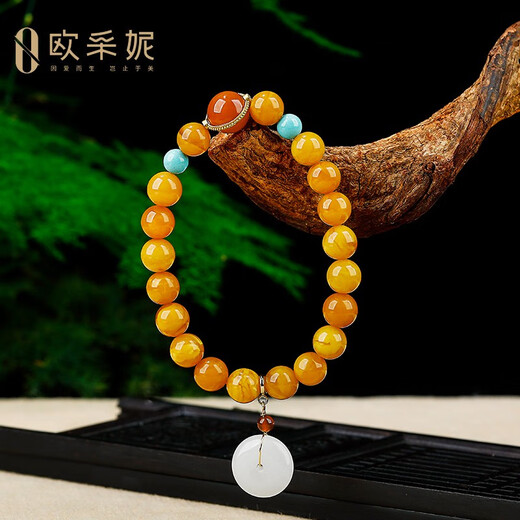 Ou Ceni beeswax bracelet, natural amber, old wax, southern red round beads, Hetian jade safety buckle pendant, single circle multi-treasure bracelet for men and women, ready to wear and ready to make