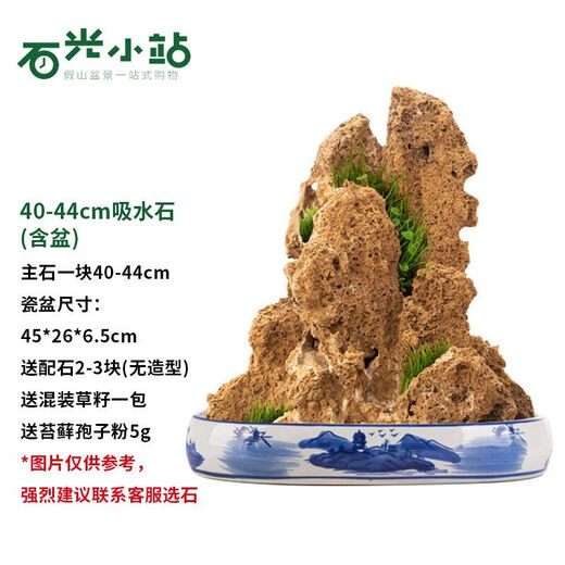 Shiguang Station absorbent stone natural stone bonsai fish tank courtyard large fish pond landscaping absorbent stone original stone water stone bonsai 40-44cm absorbent stone blue and white porcelain basin