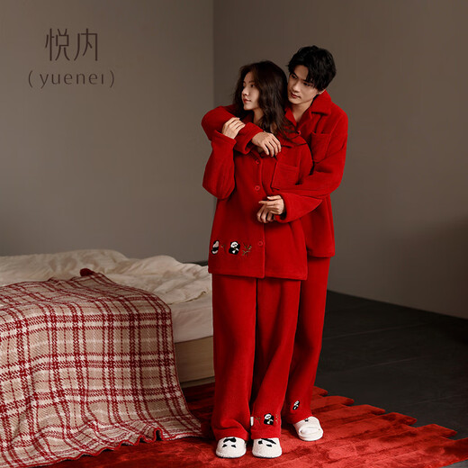 Yuenei red pajamas for wedding and newlyweds, autumn and winter coral velvet and thickened home clothes for men and women, zodiac year 34402 lucky red, men's 2XL (175) weight 140-160Jin Jin is equal to 0.5 kg
