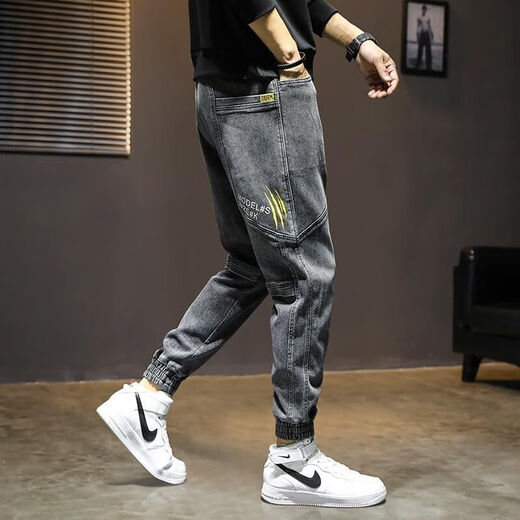 Fesshi-cho jeans men's 2023 spring and summer new trendy brand loose trousers for boys spliced ​​casual Harun work pants Large pocket Harun grey XL [recommended 120-135 Jin [Jin equals 0.5 kg]]