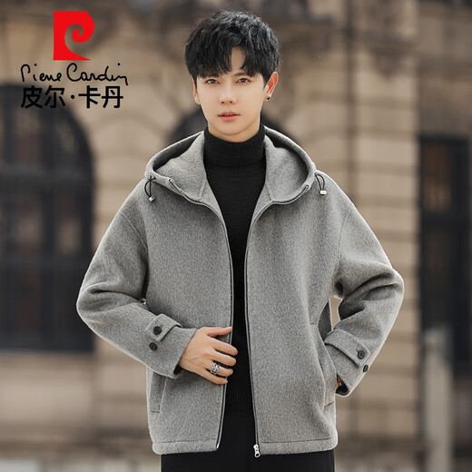 Pier Cardin Woll Jacke Herren 2024 neuer Herbst und Winter verdickte doppelseitige Wolle Casual Kapuze Short Tweed Jacke Dunkelgrau L 175