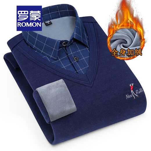 Lomon Brand Herbst und Winter plus Samt verdickter Pullover für Männer gefälschter zweiteiliger Pullover Herbst und Winter New Style Velvet verdickte modische Pullover mittleren und junger Pullover für Männer JV6621 Navy Blue 170/L