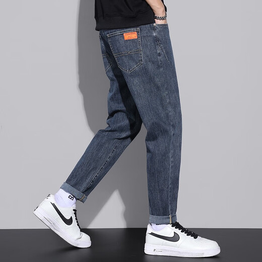 Xiao Xueling jeans men's winter 2025 new velvet pants men's trendy straight loose nine-point pants versatile men's wear 6621 blue 36
